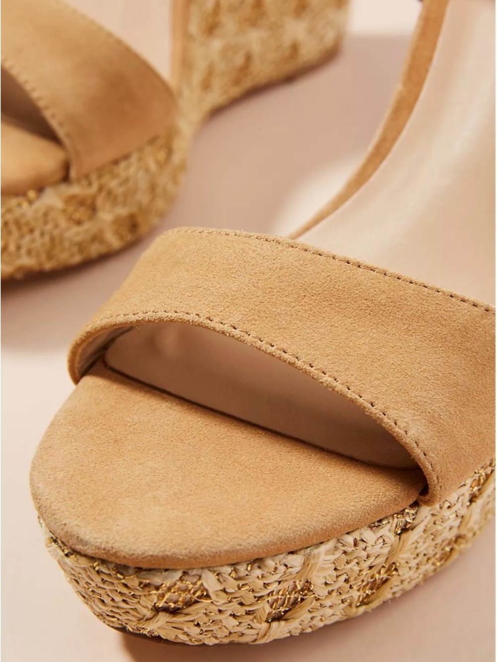 Anthropologie Textured Wedge Sandals Tan Suede Raffia Platform Heels Size 8 - Picture 9 of 9
